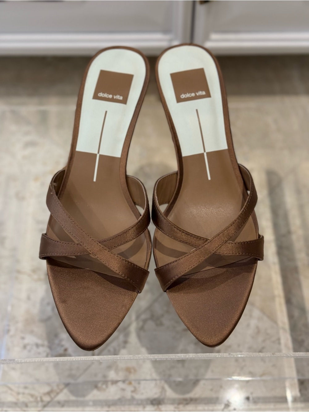 Dolce Vita Chocolate Brown Satin Crisscross Mule Heels - Picture 2 of 6